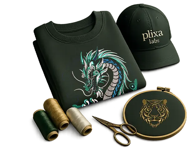 PlixaLabs embroidery digitizing: logo artwork turned into a stitch file