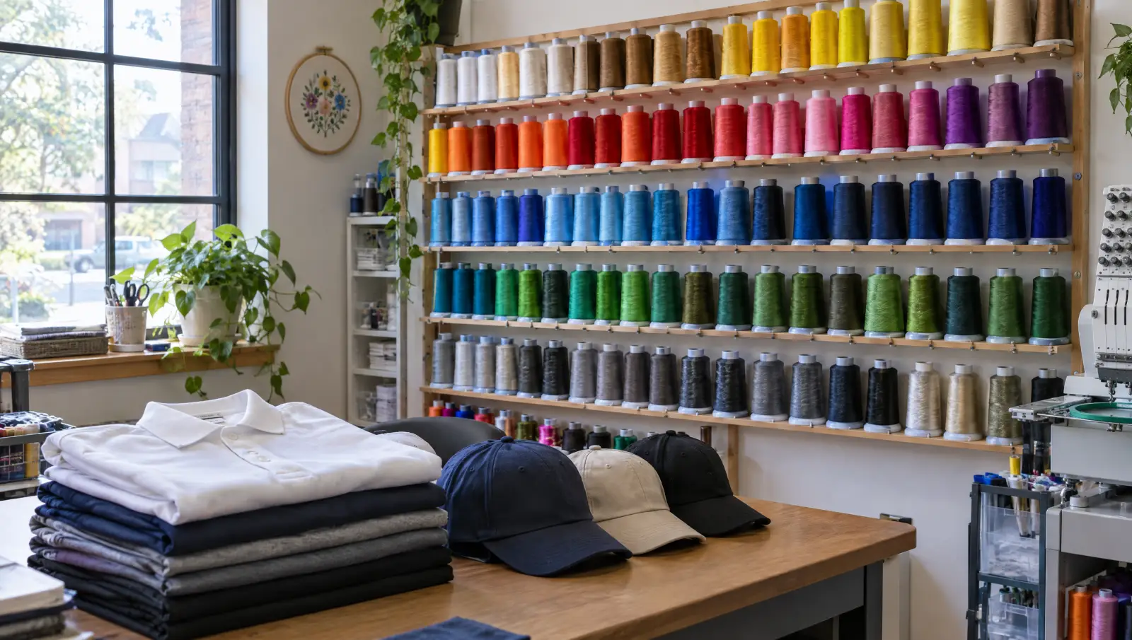 A corner of an embroidery shop with a wall of thread cones and blank polos and caps on a table