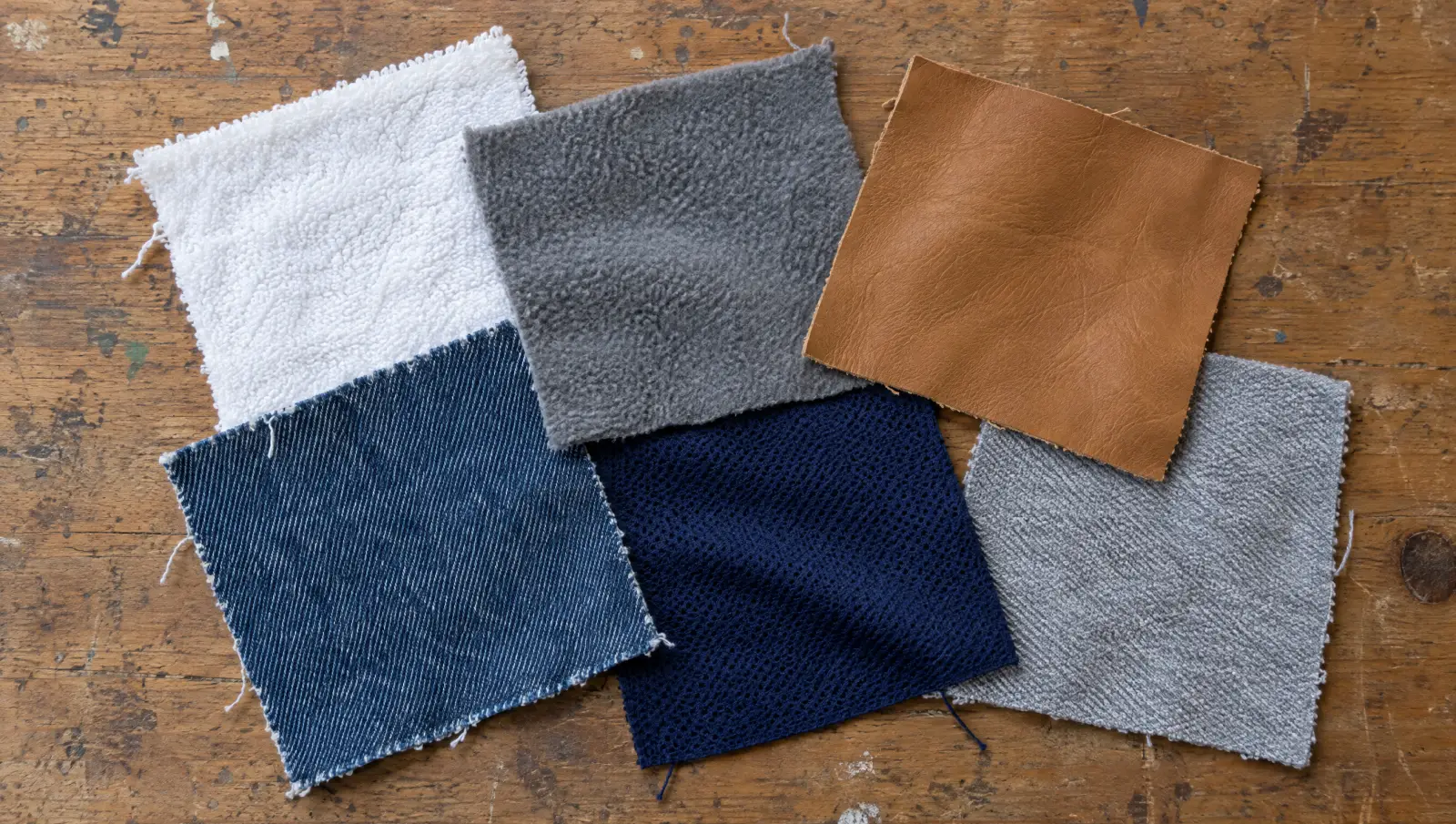 Fabric swatches for embroidery: terry towel, fleece, leather, denim, performance knit and pique