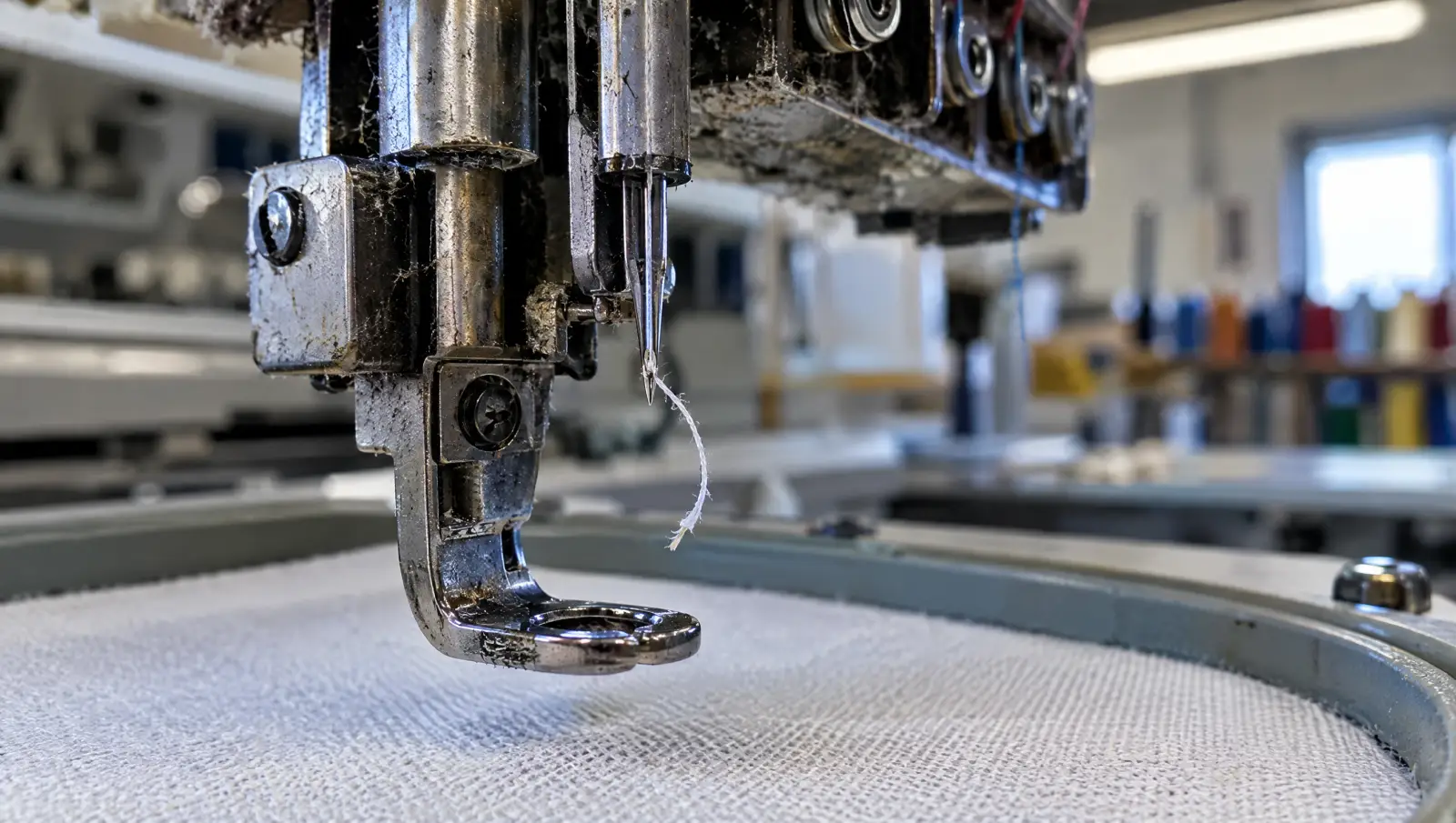 Close-up of an embroidery machine needle and presser foot with a snapped thread hanging loose
