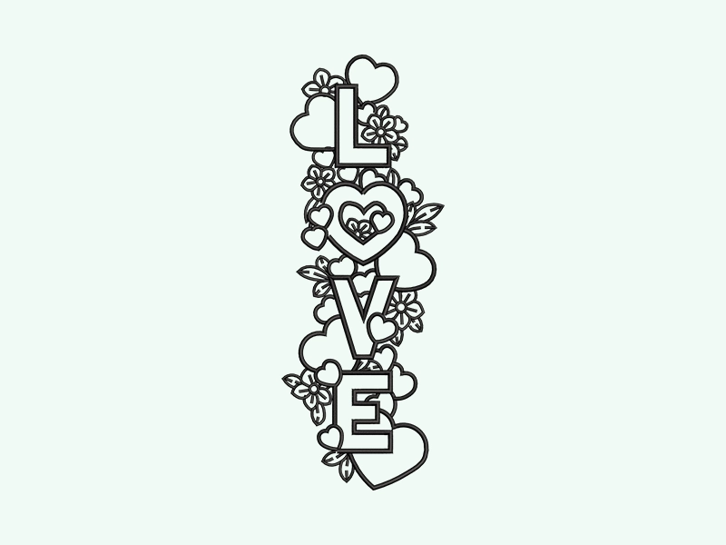 LOVE lettering with hearts and flowers: digitized result
