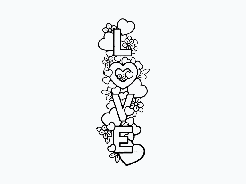 LOVE lettering with hearts and flowers: original artwork
