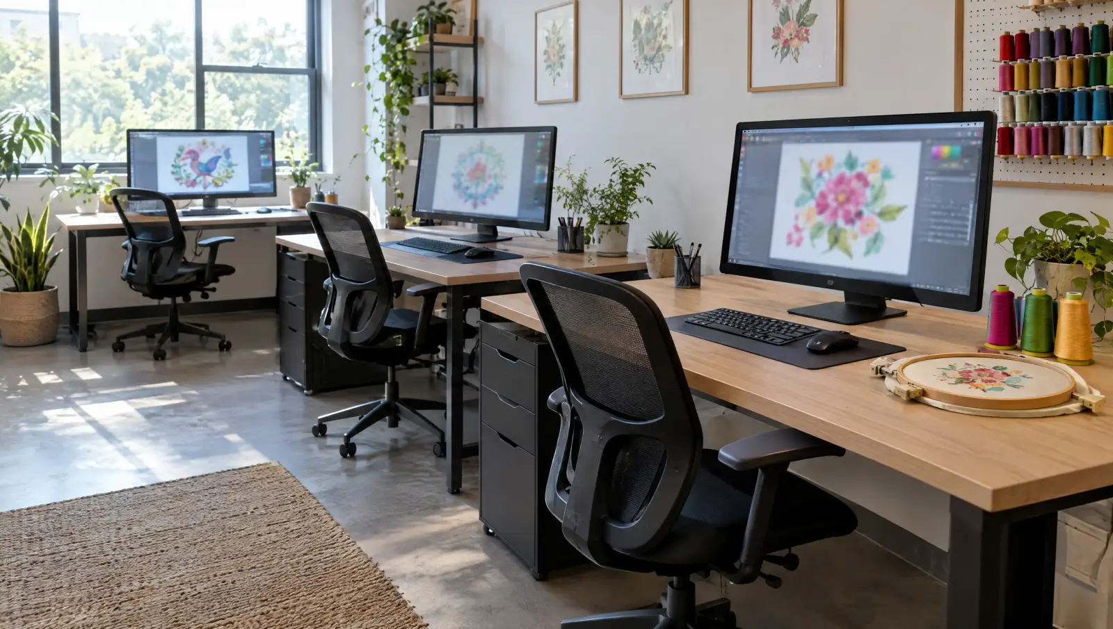 A digitizing office with monitors showing embroidery designs, thread cones and a hoop on the desks