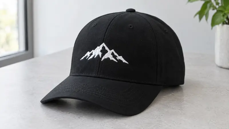A black structured cap with a flat embroidered white mountain emblem on the front
