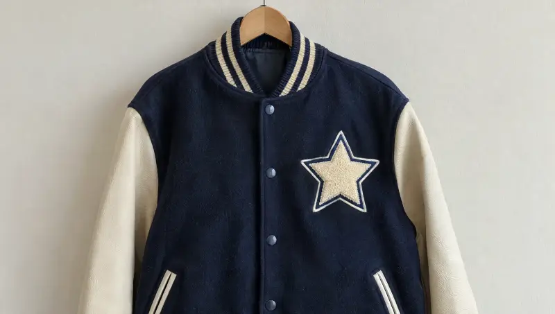 A navy letterman jacket with a cream chenille star patch on the chest