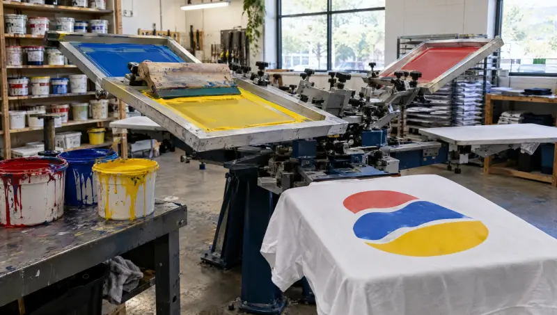 A screen printing press with loaded screens and ink buckets