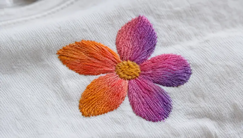 An embroidered flower whose petals shift from orange to pink to purple