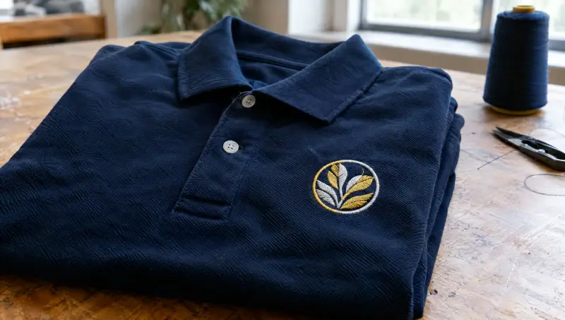 A navy polo shirt with an embroidered circular leaf emblem on the left chest