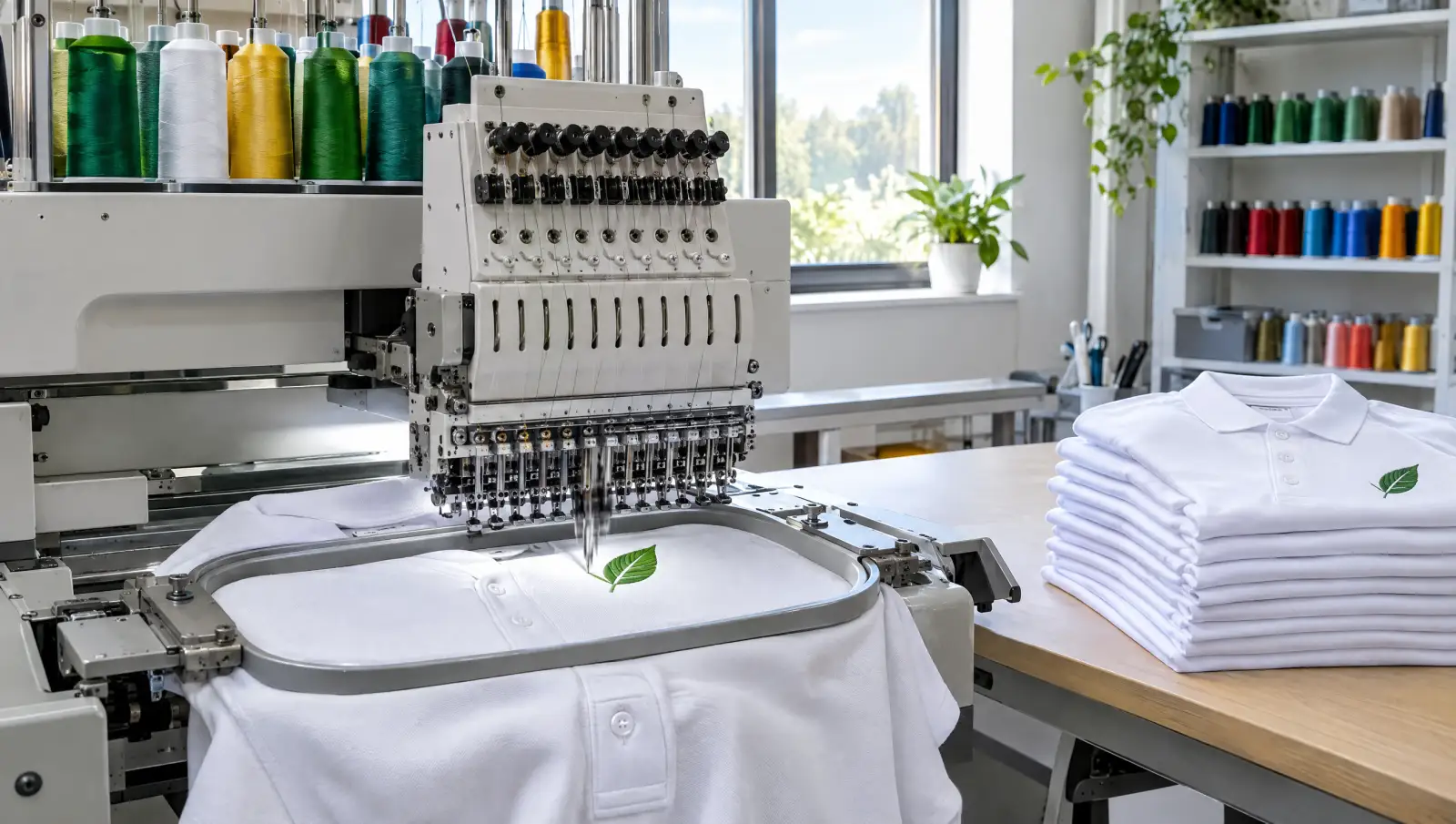 A multi-needle embroidery machine stitching a leaf logo onto a white polo, with thread cones above