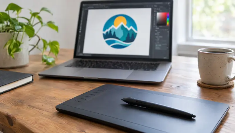 A laptop showing logo artwork beside a pen tablet on a desk