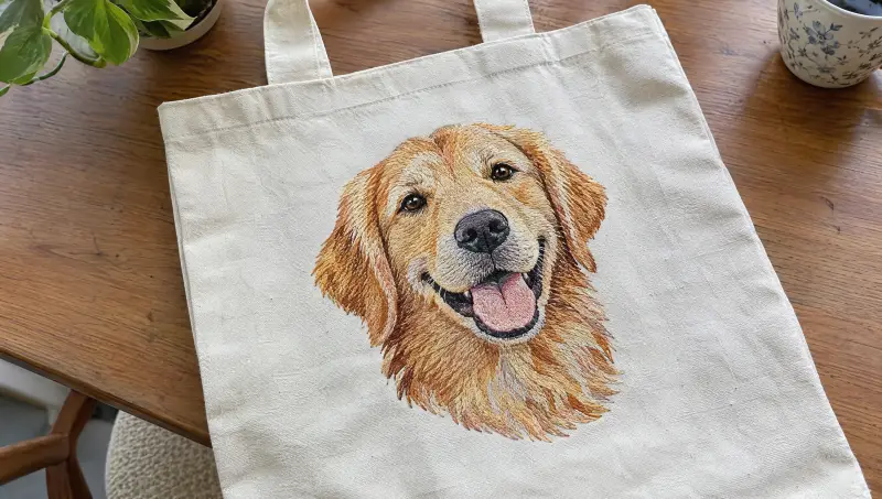 A canvas tote bag embroidered with a portrait of a golden retriever