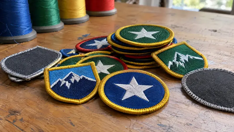 A pile of embroidered twill patches with merrowed borders on a workbench