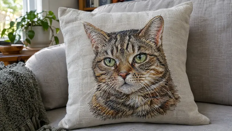 A cushion embroidered with a realistic portrait of a tabby cat