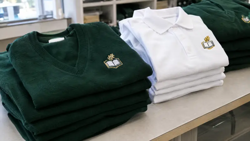 Green school jumpers and white polos with embroidered crests