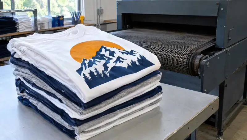 A stack of screen printed T-shirts next to a conveyor dryer