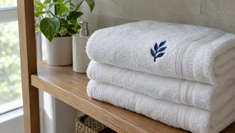 A stack of white towels, the top one embroidered with a small navy leaf crest