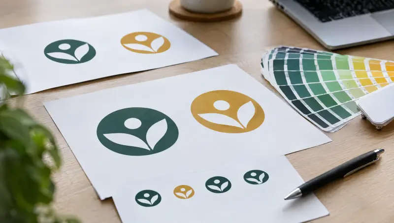 Printed proofs of a two-color vector logo beside a color swatch fan